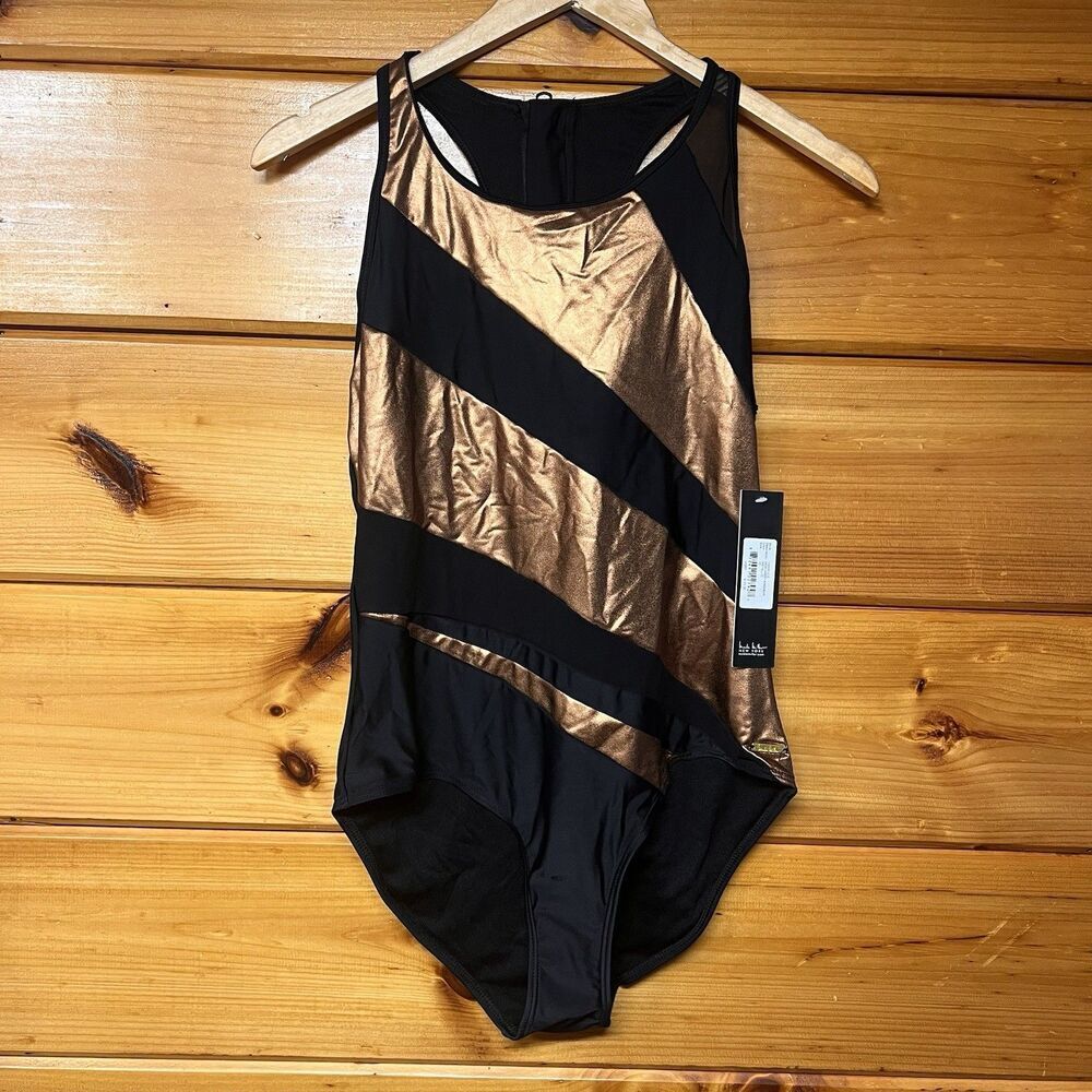 NWT Nicole Miller black metallic One Piece back zipper mech Swimsuit Sz 10
